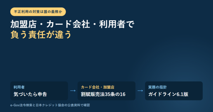 利用者・カード会社と加盟店・実務の指針という3つのノードを矢印でつないだアイキャッチ画像