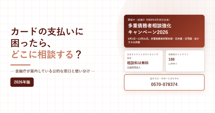 カードの支払いに困ったら、どこに相談する?金融庁が案内している公的な窓口と使い分けと書かれたアイキャッチ画像