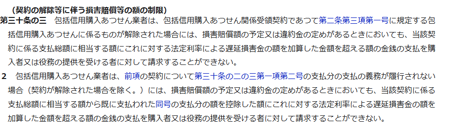 e-Gov法令検索に表示された割賦販売法第30条の3。契約の解除等に伴う損害賠償等の額の制限として、支払総額に相当する額にこれに対する法定利率による遅延損害金の額を加算した金額を超える額の金銭の支払を請求できないことが書かれている