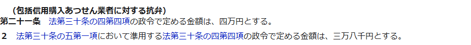 e-Gov法令検索に表示された割賦販売法施行令第21条。包括信用購入あつせん業者に対する抗弁として、法第30条の4第4項の政令で定める金額は四万円とすること、法第30条の5第1項において準用する場合は三万八千円とすることが書かれている