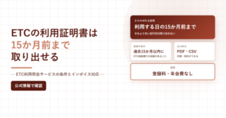 ETCの利用証明書は15か月前まで取り出せると書かれたアイキャッチ画像。さかのぼれる範囲、登録の条件、出力形式PDF・CSV、登録料年会費なしを並べた図