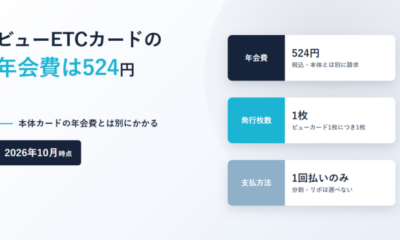 ビューETCカードの年会費は524円。本体が無料でもETC分はかかり、無料になるのは3種類だけ