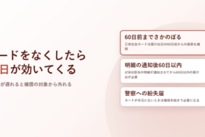 カードをなくしたら60日が効いてくると書いたアイキャッチ。届け出日の60日前まで、明細の通知後60日以内、警察への紛失届という3点を並べている