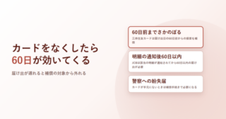カードをなくしたら60日が効いてくると書いたアイキャッチ。届け出日の60日前まで、明細の通知後60日以内、警察への紛失届という3点を並べている