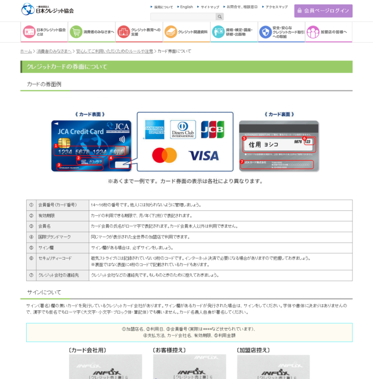 日本クレジット協会のクレジットカードの券面についてのページの画面キャプチャ