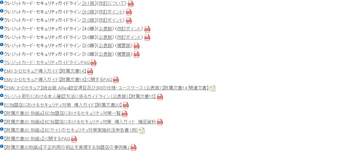 日本クレジット協会の関連資料ページ。クレジットカード・セキュリティガイドライン6.1版、6.0版、5.0版、4.0版、3.0版、2.0版、1.0版と、EMV 3-Dセキュア導入ガイドやEC加盟店におけるセキュリティ対策導入ガイドなどの附属文書が一覧で並んでいる画面
