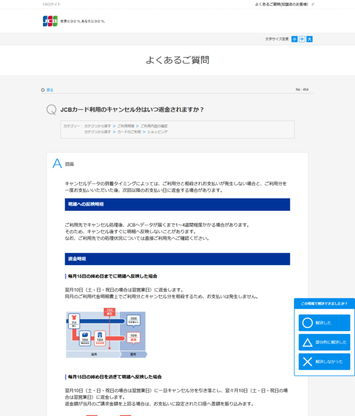 JCBのよくあるご質問「JCBカード利用のキャンセル分はいつ返金されますか?」のページの画面キャプチャ