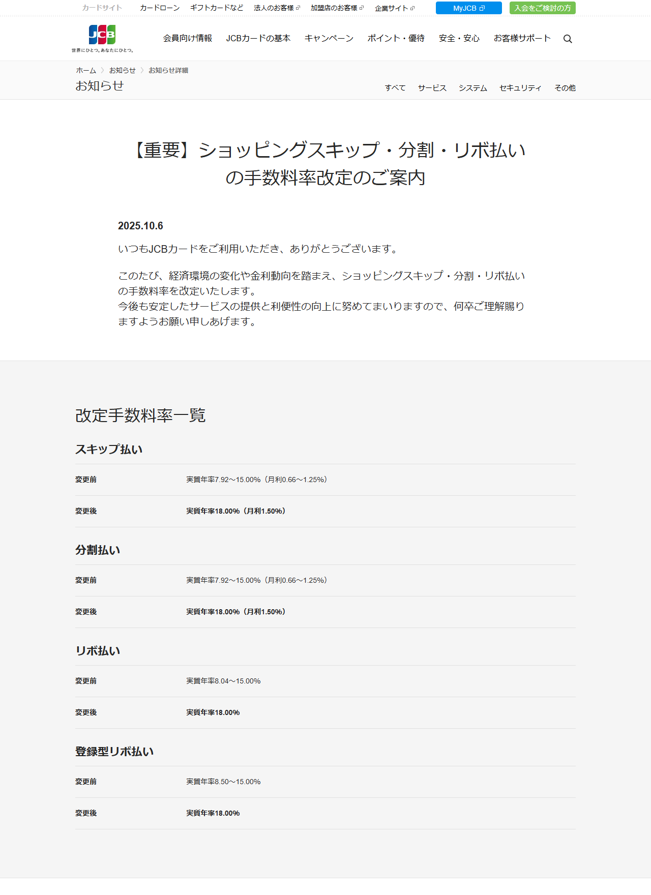 JCBの公式サイトのお知らせページ。ショッピングスキップ・分割・リボ払いの改定手数料率一覧が変更前と変更後で並んでいる