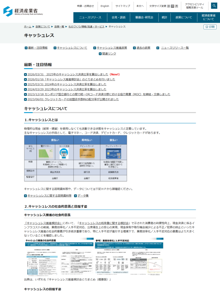 経済産業省の公式ページの画面。キャッシュレスの政策ページに、キャッシュレス決済比率の算出結果や検討会の資料へのリンクが並んでいる