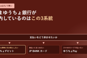 mijicaはもう無く、いまゆうちょ銀行が案内しているのは3系統であることと、口座から即時に引き落としたいならゆうちょデビット、後払いにまとめたいならJP BANK カード、スマホのコードで払いたいならゆうちょPayという分岐を示したアイキャッチ画像