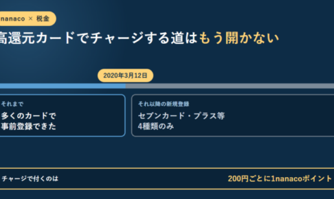 2020年3月12日を境に、それまでは多くのカードで事前登録できたのに対し、それ以降の新規登録はセブンカード・プラス等4種類のみになったことを1本のバーで示し、チャージで付くのは200円ごとに1nanacoポイントだと書いたアイキャッチ