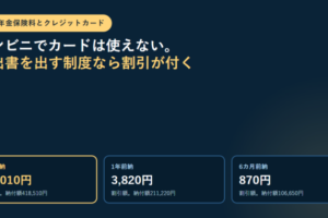 紺色の背景に「国民年金保険料とクレジットカード」のラベルと「コンビニでカードは使えない。申出書を出す制度なら割引が付く」という見出し、2年前納16,010円・1年前納3,820円・6カ月前納870円という3枚の割引額パネルを並べたアイキャッチ