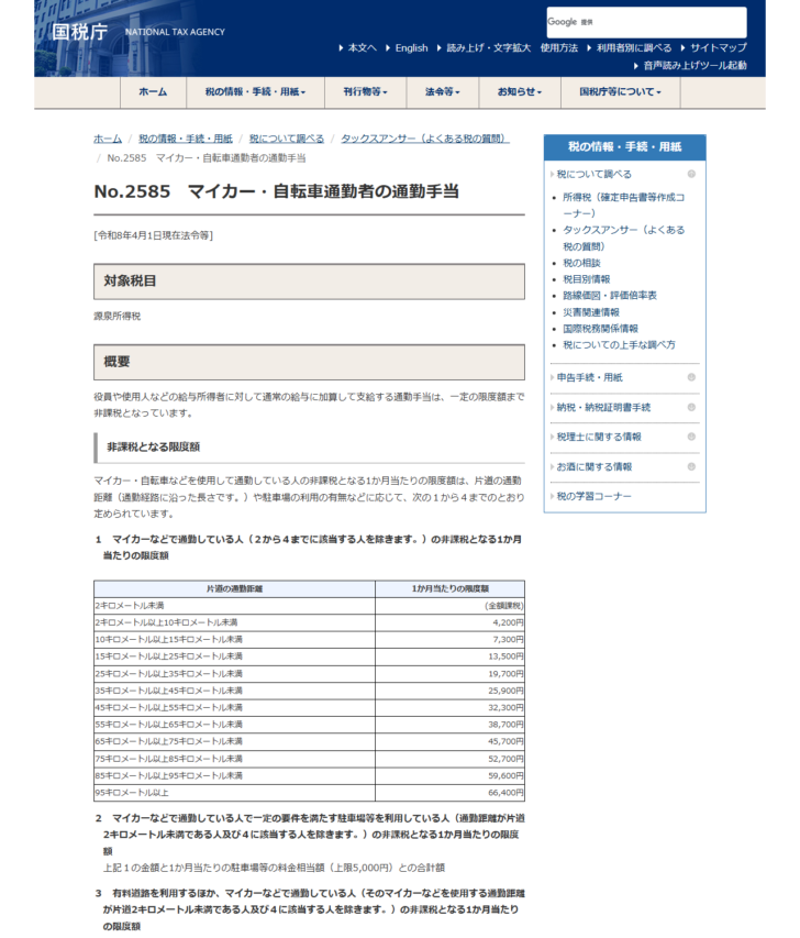 国税庁タックスアンサーNo.2585マイカー・自転車通勤者の通勤手当のページの画面キャプチャ。令和8年4月1日現在法令等と表示され、片道の通勤距離ごとの1か月当たりの非課税限度額の表が掲載されている