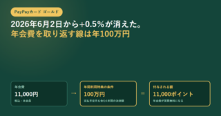 深緑の背景に、PayPayカード ゴールドという見出しと、年会費11,000円・年間利用特典の条件100万円・付与される額11,000ポイントの3枚のカードを矢印でつないだアイキャッチ