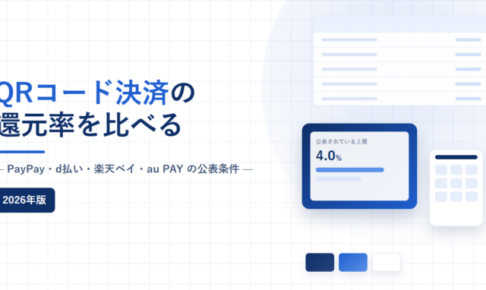 QRコード決済の還元率を比べる記事のアイキャッチ。PayPay・d払い・楽天ペイ・au PAYの公表条件と記載