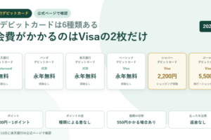 白地に淡い緑の円を敷いたアイキャッチ。楽天銀行デビットカードのタグと「楽天デビットカードは6種類ある／年会費がかかるのはVisaの2枚だけ」という見出しを置き、Mastercardの無料、パンダJCBの永年無料、JCBの永年無料、ベーシックVisaの永年無料、シルバーVisaの2,200円、ゴールドVisaの5,500円の6枚をカードで並べ、下にポイントは100円＝1ポイント・ポイントの差は種類による差なし・種類の切替は550円かかる場合あり・払った年会費は返金なしの4項目を置いた構成