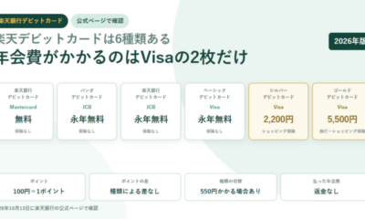 楽天デビットカードは6種類|年会費がかかるのはVisaのゴールド5,500円とシルバー2,200円だけ、ポイントは全種類100円=1ポイント