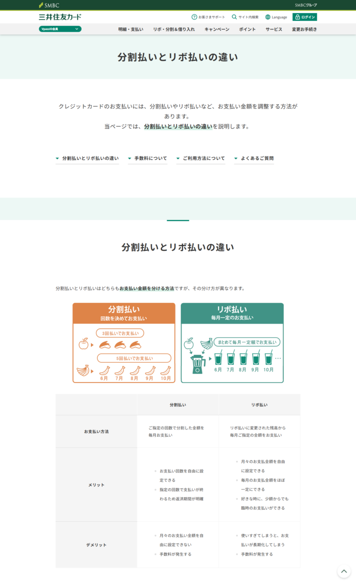 三井住友カードの公式ページ「分割払いとリボ払いの違い」の画面。分割払いとリボ払いをメリットとデメリットで並べた比較表が出ている