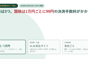 国税・地方税と公金・公共料金の3つの入口をカードで並べた図。国税は1万円ごとに99円と表示している