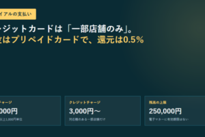 トライアルプリペイドカードのチャージ条件を3枚のカードで示した図。1回のチャージ49,000円、クレジットチャージ3,000円から、残高の上限250,000円