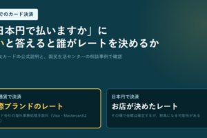 現地通貨で決済した場合は国際ブランドのレート、日本円で決済した場合はお店が決めたレートになることを2枚のカードで並べたアイキャッチ画像