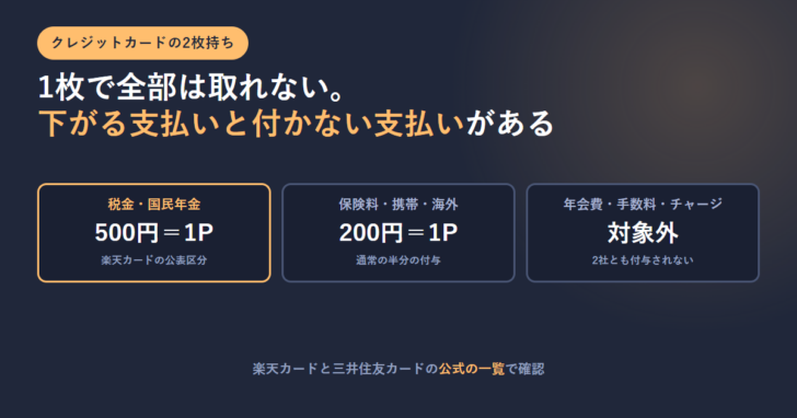 税金は500円で1ポイント、保険料や携帯や海外は200円で1ポイント、年会費や手数料やチャージは対象外と3つ並べたアイキャッチ