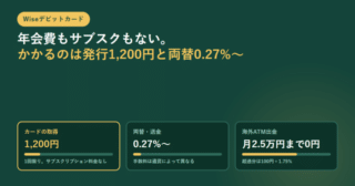 深緑の背景に、Wiseデビットカードのカード取得1,200円・両替送金0.27%から・海外ATM出金は月2.5万円まで0円の3つを横棒グラフ付きのカードで並べたアイキャッチ