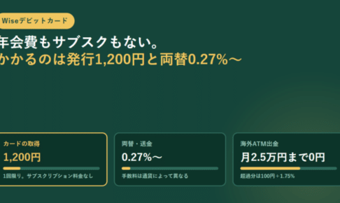 深緑の背景に、Wiseデビットカードのカード取得1,200円・両替送金0.27％から・海外ATM出金は月2.5万円まで0円の3つを横棒グラフ付きのカードで並べたアイキャッチ