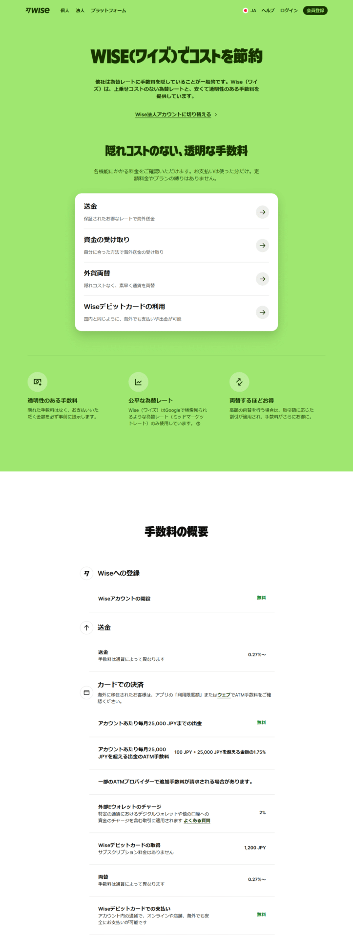 Wiseの個人向け手数料ページの画面。手数料の概要としてWiseアカウントの開設が無料、送金が0.27%から、アカウントあたり毎月25,000JPYまでの出金が無料、それを超える出金のATM手数料が100JPYプラス超過額の1.75%、外部Eウォレットのチャージが2%、Wiseデビットカードの取得が1,200JPY、両替が0.27%から、Wiseデビットカードでの支払いが無料と並んでいる