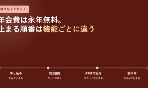 ゆうちょデビットの年会費は永年無料であることと、申し込みでEdyが止まり約2週間でカードが届き、ATMで使うと旧カードが止まり約半年でSuicaが止まるという順番を時系列で並べたアイキャッチ画像